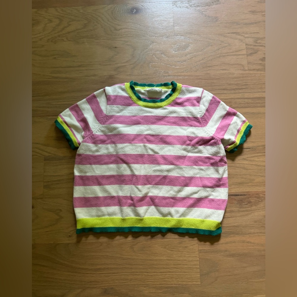 Pink and green shortsleeved sweater knit top